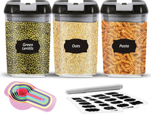 Load image into Gallery viewer, Top 3 Airtight Food Storage Containers – Pack Of 3 x 0.8L Plastic Storage Jars With 1 Marker, 10 Pantry Labels and 6 Measuring Spoons – For Flour, Cereals, Grains, Sugar, Nuts (Pack of 3 x0.8L)
