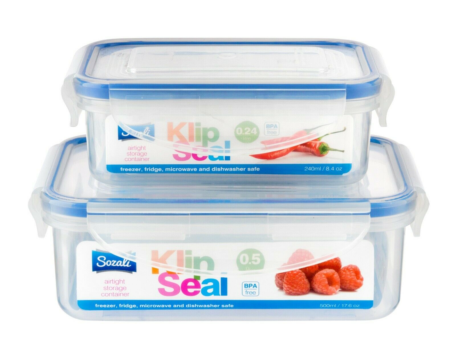 2 x Plastic Food Storage Containers Airtight Clip Lock Lock Kitchen 500 + 240ml