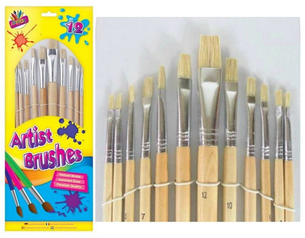 12 ARTIST PAINT BRUSH SETS Small/Large Wooden Acrylic/Oil/Watercolour Thin Thick