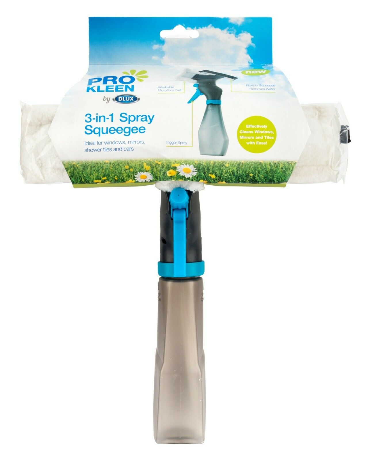 Pro Kleen 3-in-1 Window Glass Cleaner Spray Bottle Wiper Squeegee Microfibre Pad