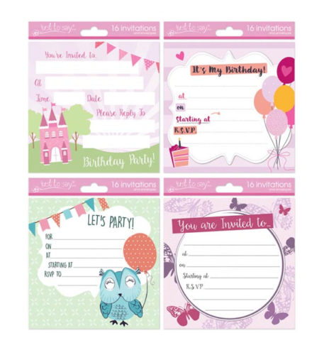 16 x Childrens Kids Birthday Invitations Party Invites Cards With Envelopes