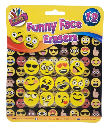 12 Emoji Smile Face Erasers Funny Rubbers Stationary Kids Party Loot Bag Fillers