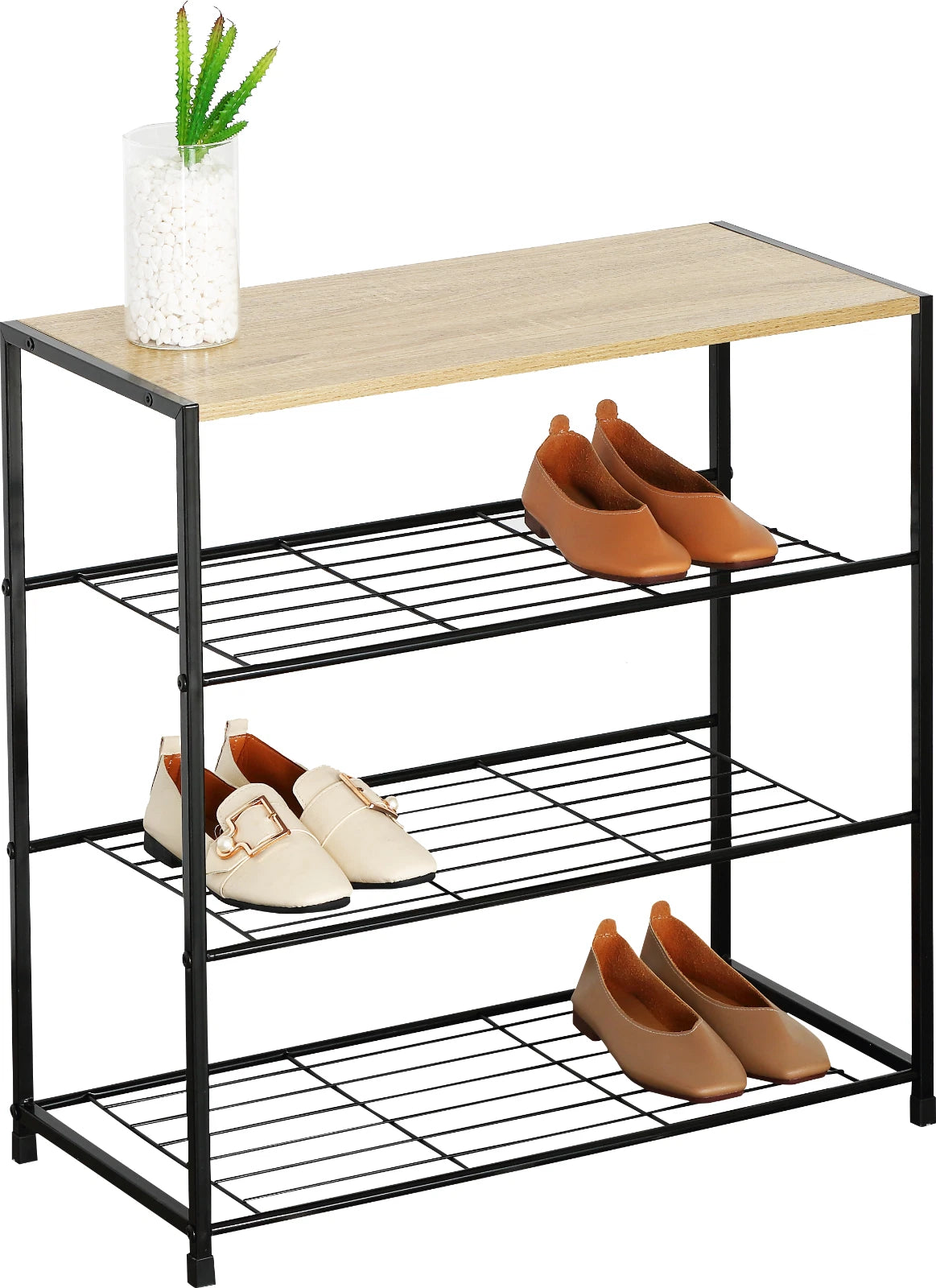 4 Tier Shoe Rack Metal Storage Organiser with Wooden Top – Footwear Storage Shelf for Hallway, Home & Bedroom
