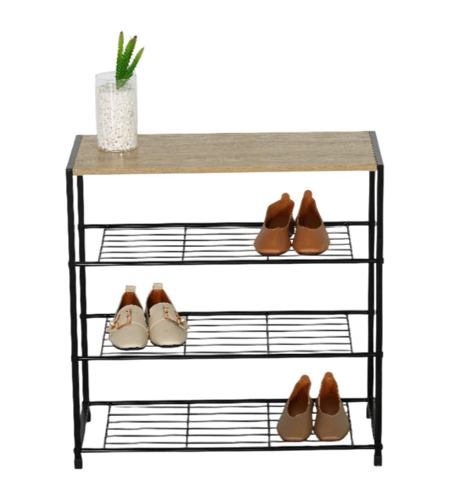 4 Tier Shoe Rack Metal Storage Organiser with Wooden Top – Footwear Storage Shelf for Hallway, Home & Bedroom