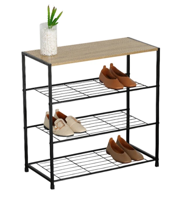 4 Tier Shoe Rack Metal Storage Organiser with Wooden Top – Footwear Storage Shelf for Hallway, Home & Bedroom