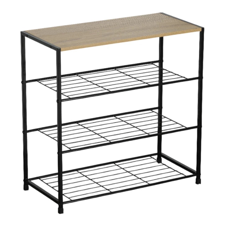 4 Tier Shoe Rack Metal Storage Organiser with Wooden Top – Footwear Storage Shelf for Hallway, Home & Bedroom