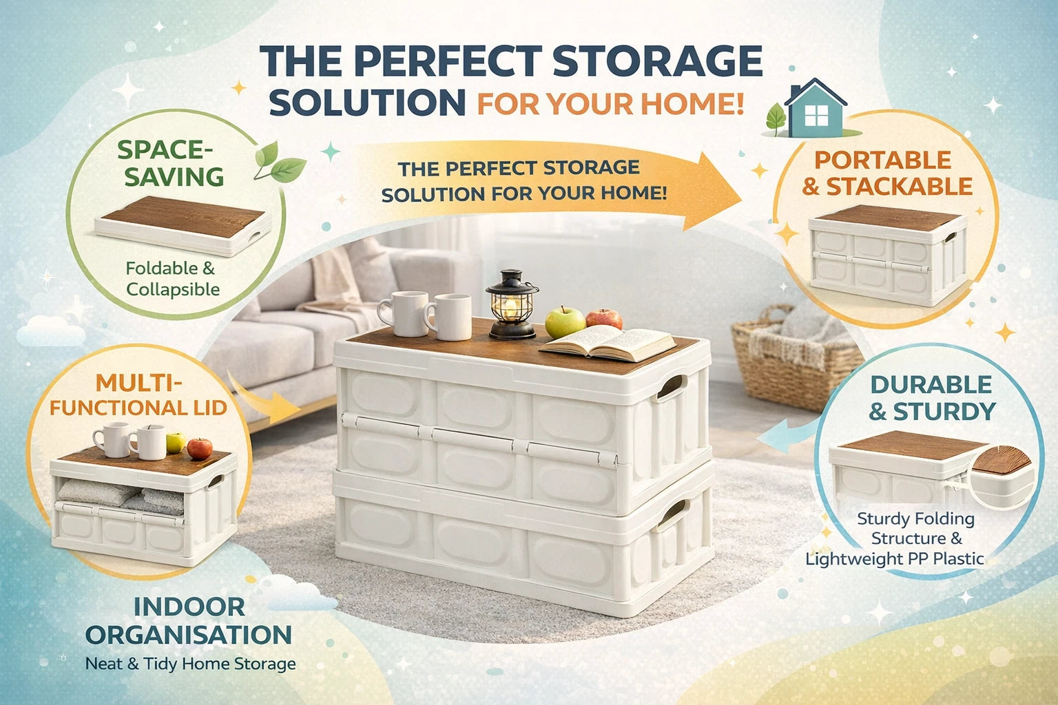 Folding Storage Boxes With Lid Plastic Box Collapsible Stackable Organiser Crate