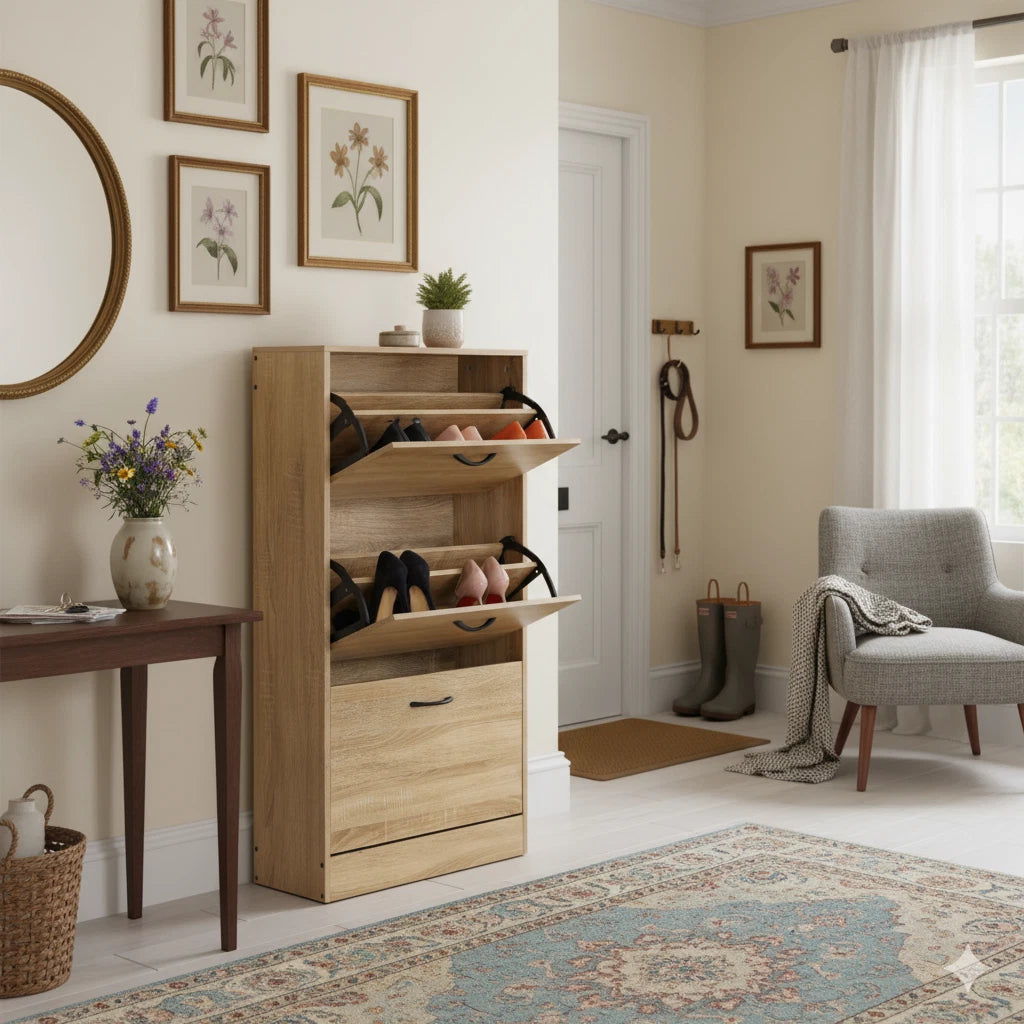 3 Drawer Shoe Cabinet Cupboard Shoe Storage Organiser Pull Down Furniture Unit 60x24x116 cm