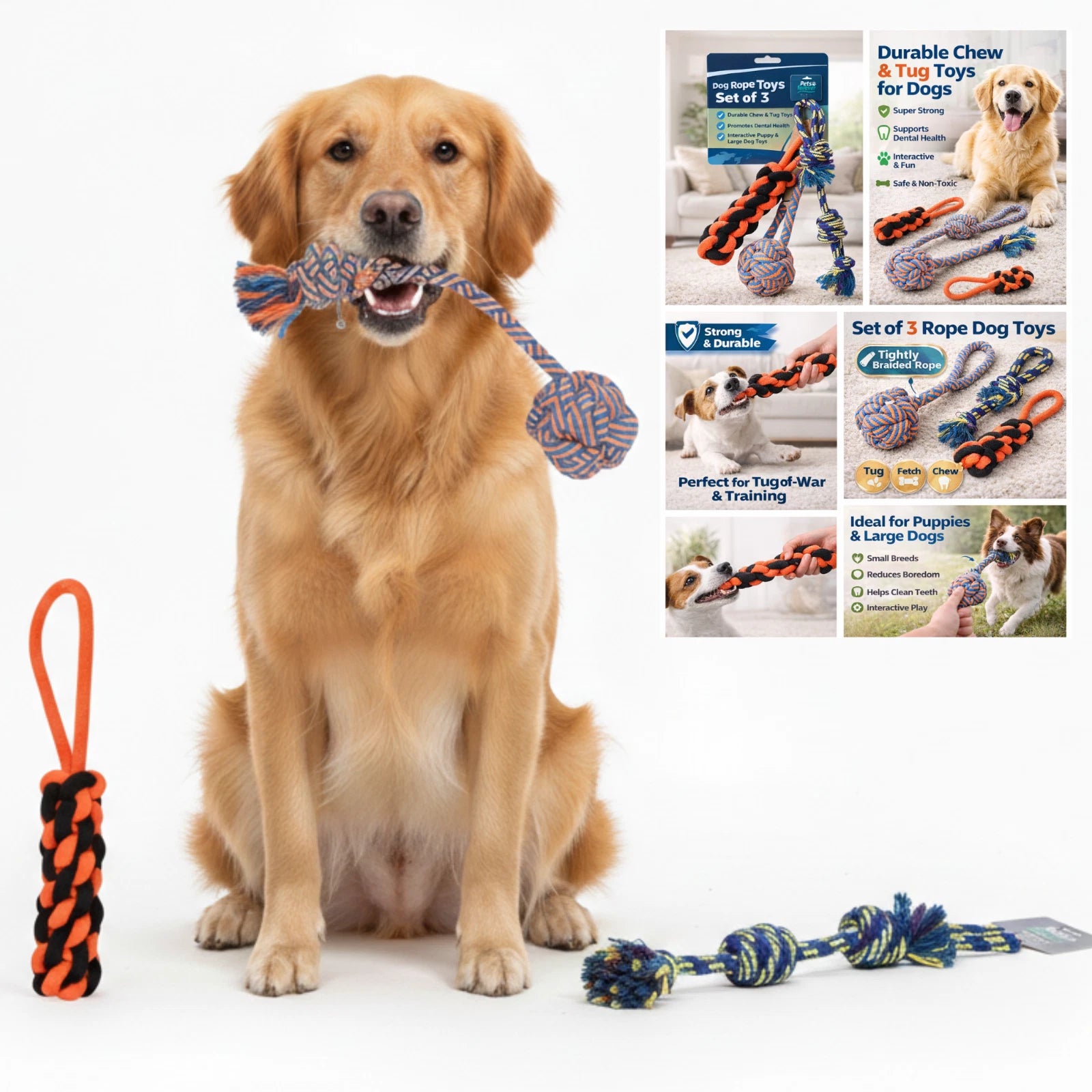 3 Pack Dog Rope Toys – Durable Tug Toys for Medium & Large Dogs, Aggressive Chewers & Puppy Teething