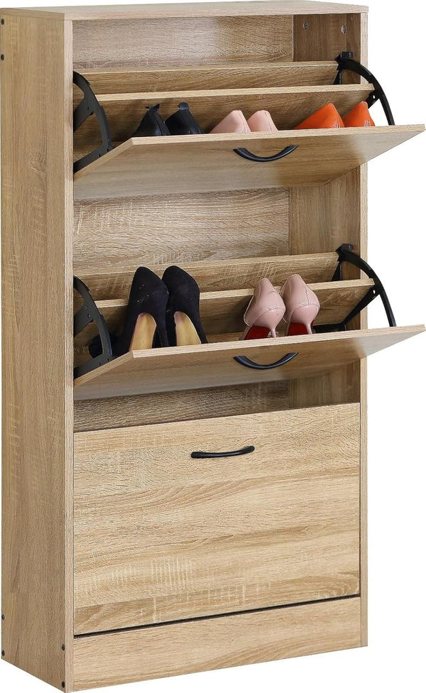 3 Drawer Shoe Cabinet Cupboard Shoe Storage Organiser Pull Down Furniture Unit 60x24x116 cm