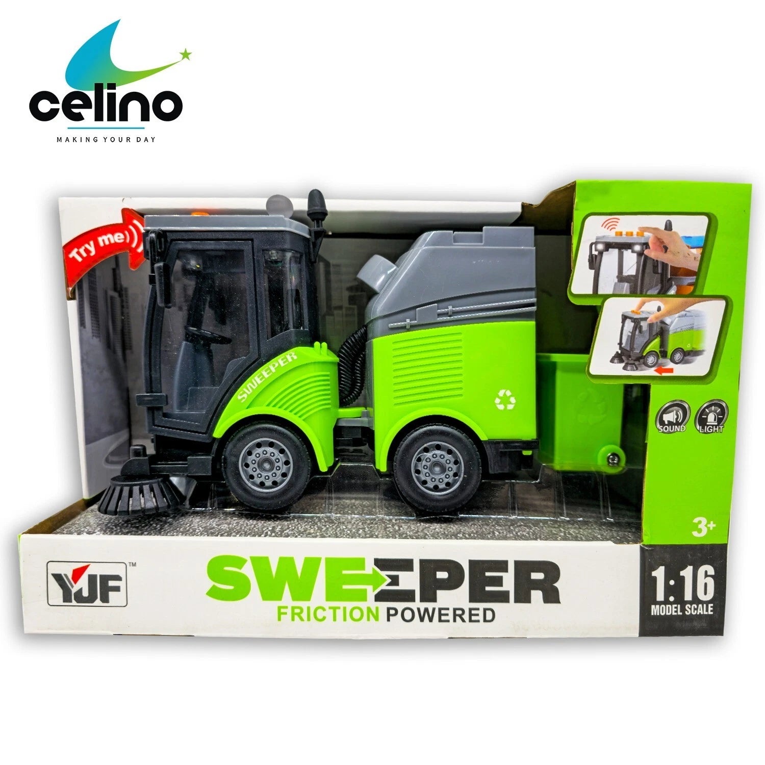 Street Sweeper Truck Toy for Kids | City Vehicle with Lights & Sound Friction Powered 1:16 Scale