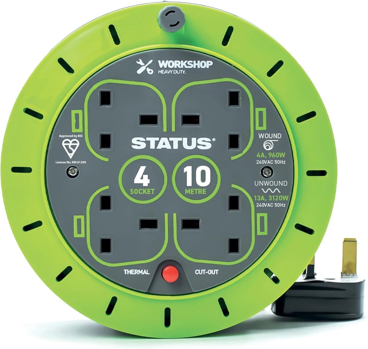 10m Extension Lead Reel – 4 Socket 13A Heavy Duty Cable Reel with Thermal Cut-Out Protection