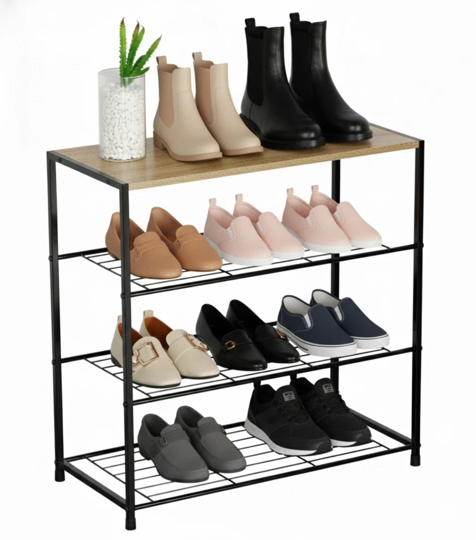 4 Tier Shoe Rack Metal Storage Organiser with Wooden Top – Footwear Storage Shelf for Hallway, Home & Bedroom