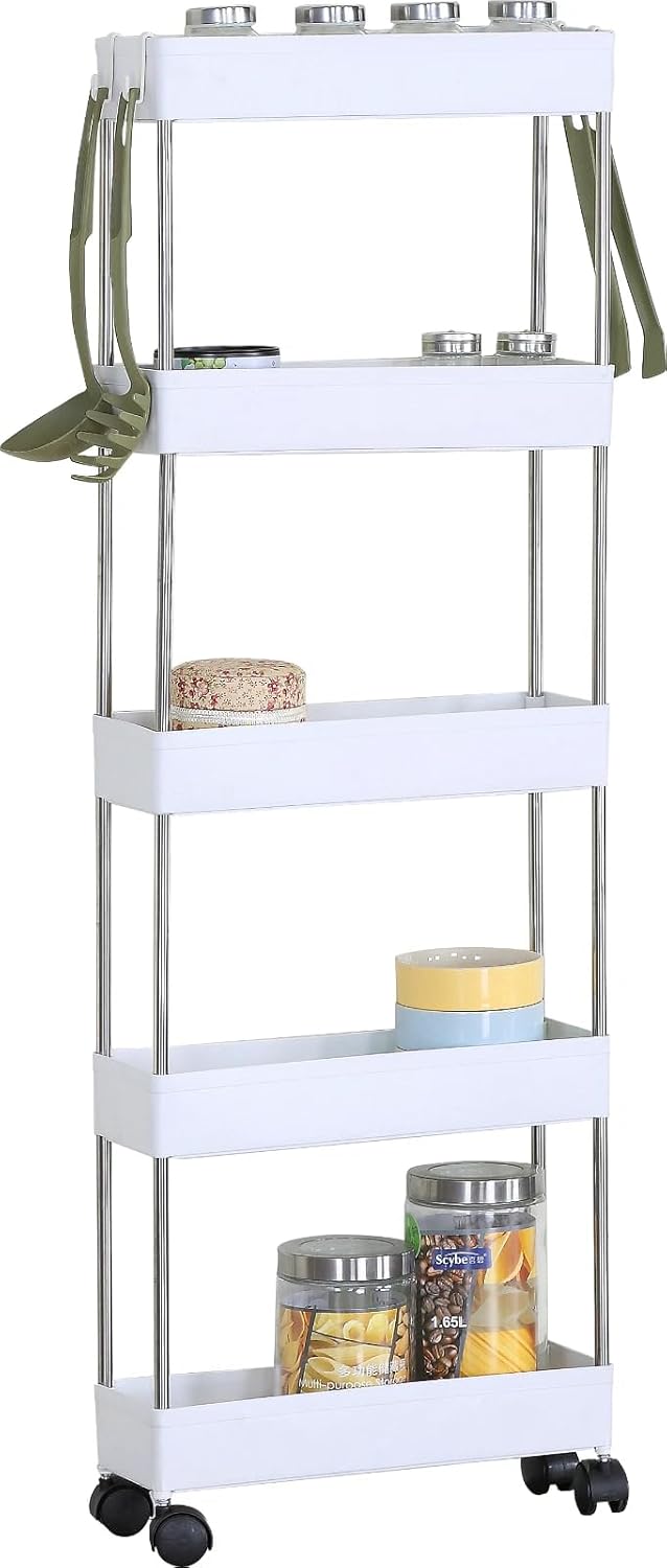 5 Tier Kitchen Storage Trolley on Wheels Tall Plastic Pantry Organiser Bathroom 40x12.5x110 cm