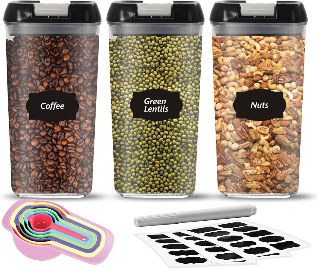 Top 3 Airtight Food Storage Containers – Pack Of 3 x 1.2L Plastic Storage Jars With 1 Marker, 10 Pantry Labels and 6 Measuring Spoons – For Flour, Cereals, Grains, Sugar, Nuts (Pack of 3 x1.2L)