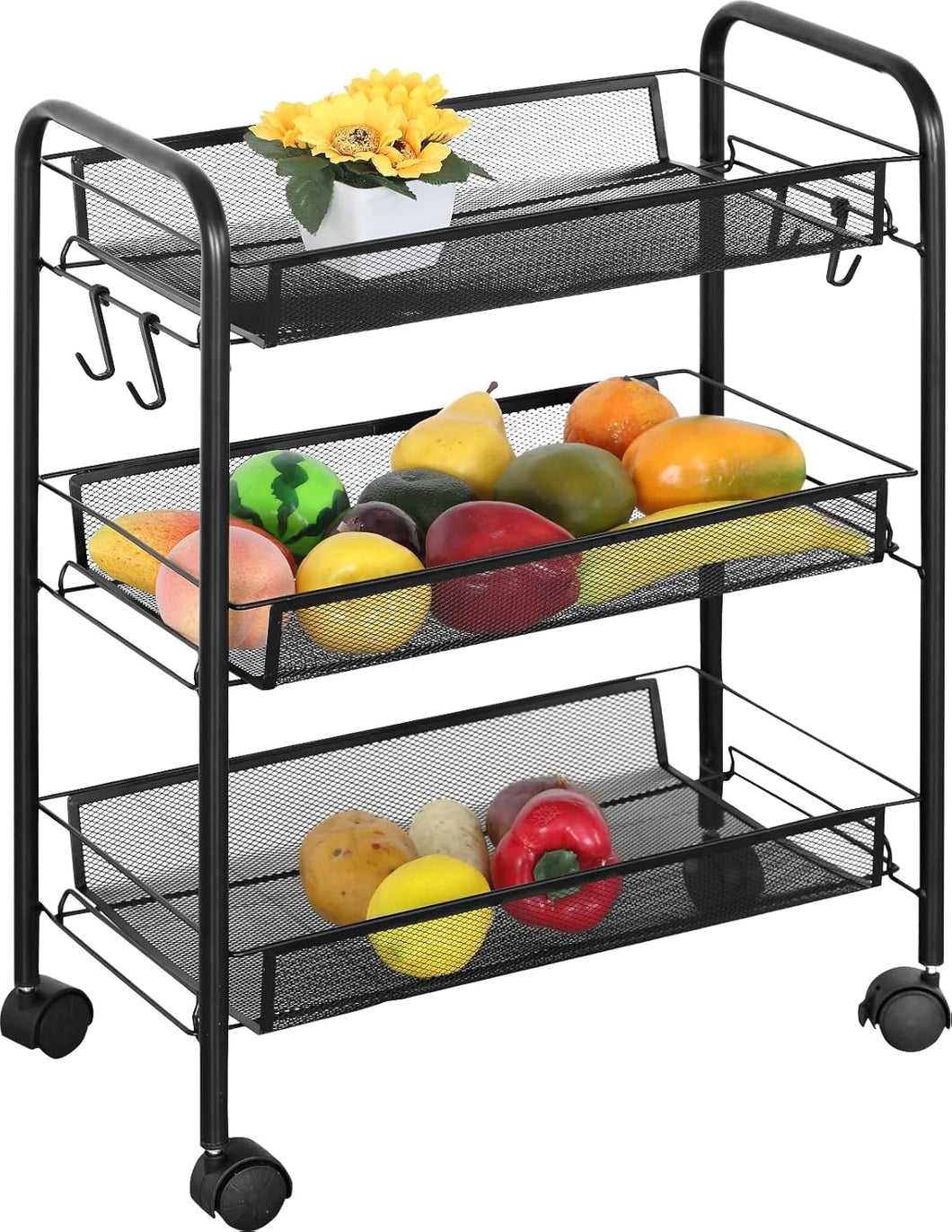 3 Tier Storage Cart Metal Kitchen Trolley on Wheels Organiser Utility Rack 44x26x62 cm