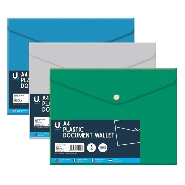 A4 Document Wallets Plastic Stud Close Files | Filing Folders for Home, School & Office Use