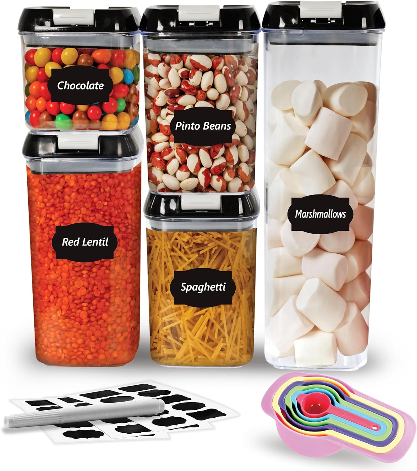 Top 3 Airtight Food Storage Containers – Pack Of 5 Plastic Multi-Size Storage Jars With 1 Marker, 10 Labels and 6 Measuring Spoons, For Flour, Cereals, Grains, Sugar, Pasta etc (Pack of 5)