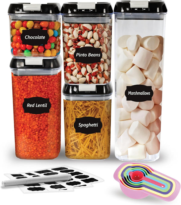 Top 3 Airtight Food Storage Containers – Pack Of 5 Plastic Multi-Size Storage Jars With 1 Marker, 10 Labels and 6 Measuring Spoons, For Flour, Cereals, Grains, Sugar, Pasta etc (Pack of 5)