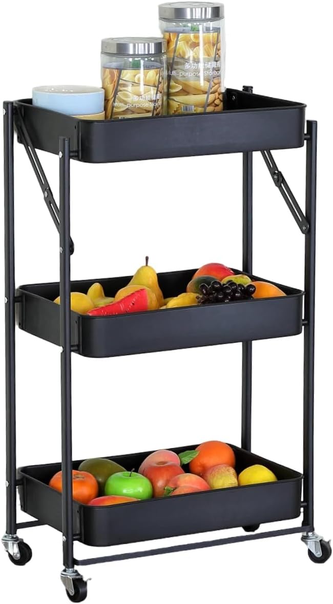 Storage Cart 3 Tier Metal Kitchen Trolley with Wheels Rolling Utility Bathroom 46x29x79 cm