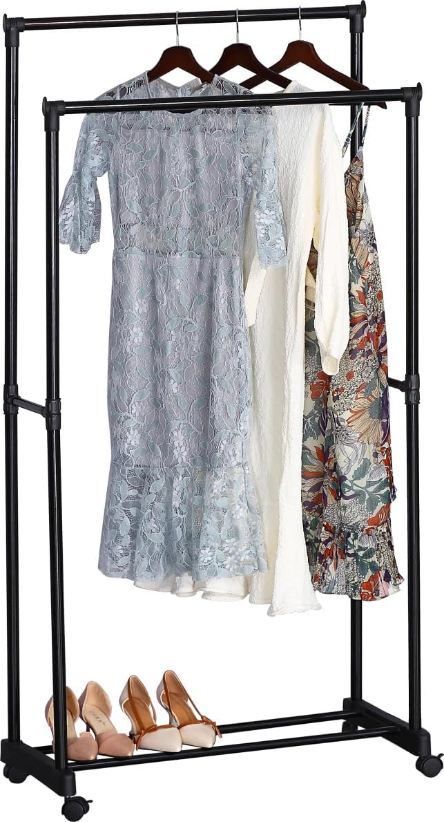 Clothes Rail Movable Double Hanging Clothes Rack with Wheels Bottom Shoes Shelf 74.5x39x157 cm