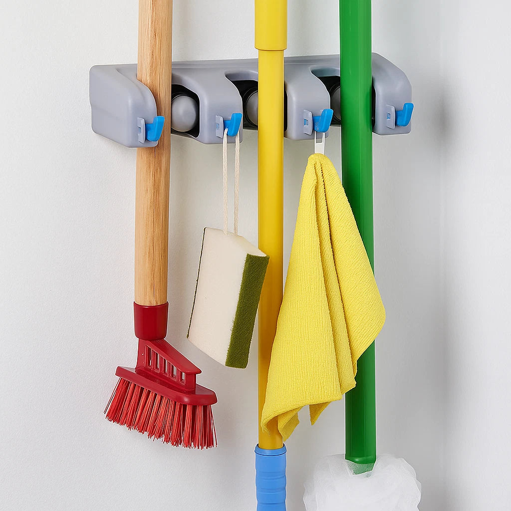 Rectangular Wall Mount Broom Holder Garden Tool 3 Slots 4 Hooks Utility Storage