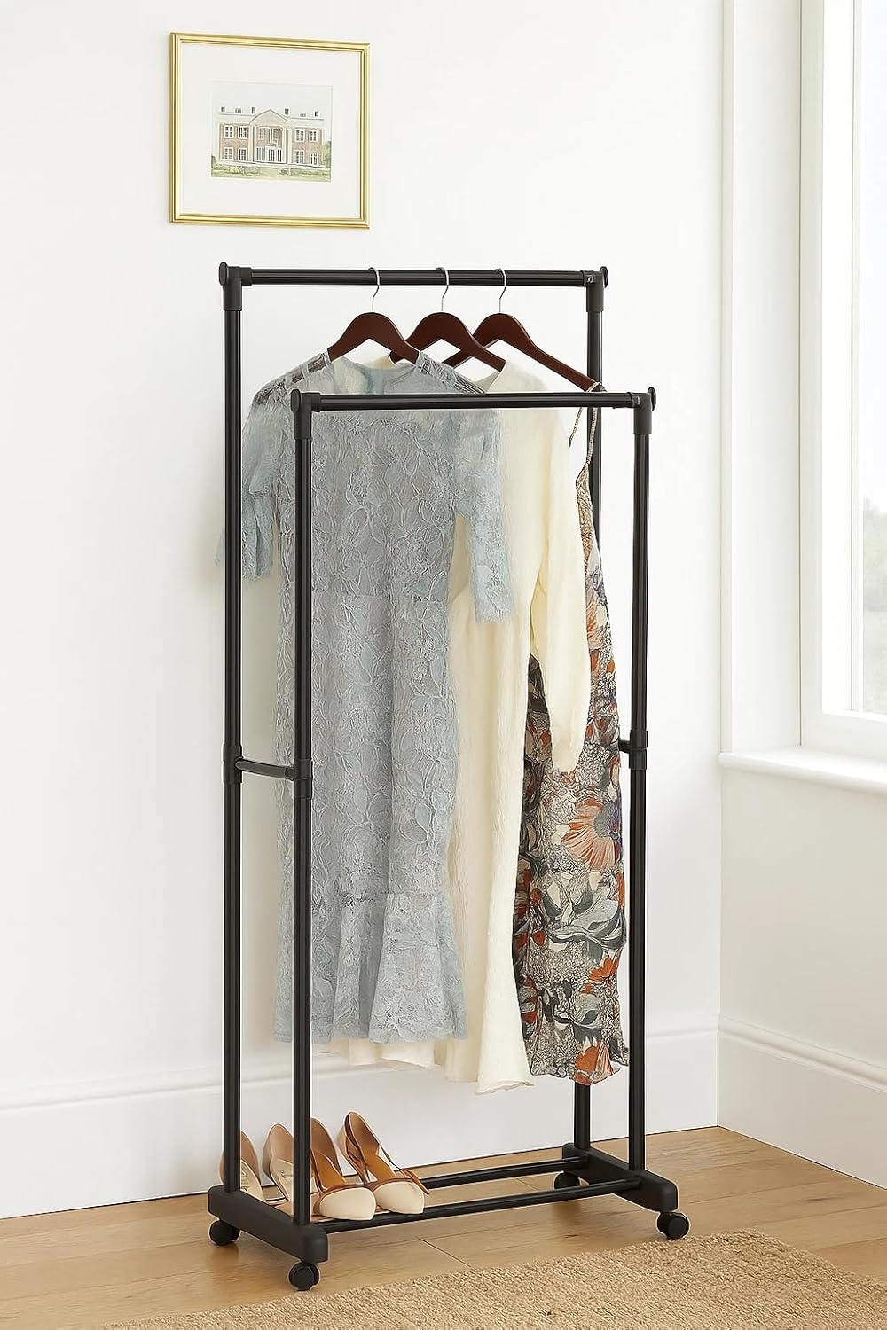 Clothes Rail Movable Double Hanging Clothes Rack with Wheels Bottom Shoes Shelf 74.5x39x157 cm
