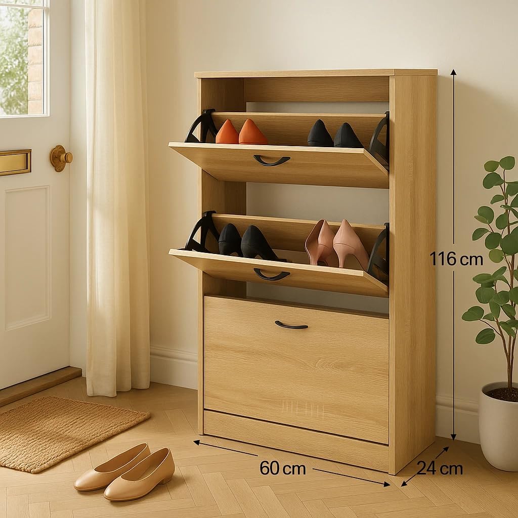 3 Drawer Shoe Cabinet Cupboard Shoe Storage Organiser Pull Down Furniture Unit 60x24x116 cm
