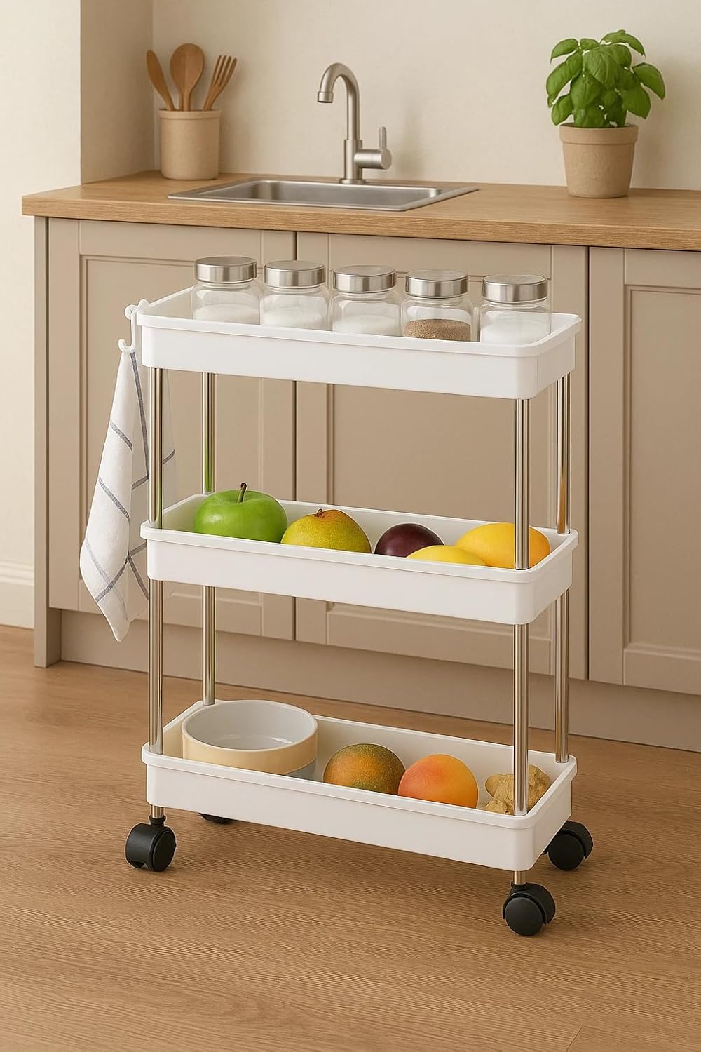 3 Tier Plastic Kitchen Trolley on Wheels | Storage Organiser for Kitchen, Bathroom & Living Room (60x13x40 cm)