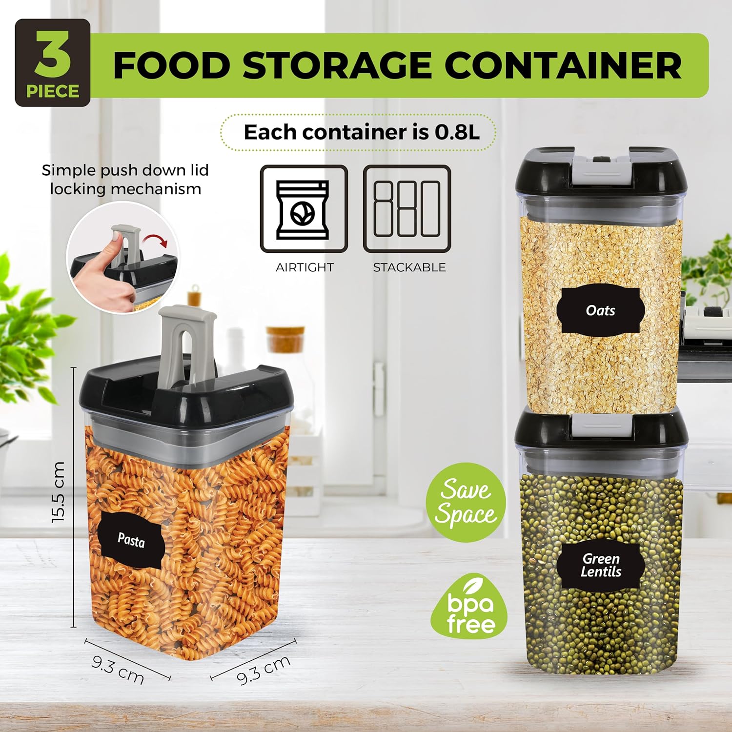 Top 3 Airtight Food Storage Containers – Pack Of 3 x 0.8L Plastic Storage Jars With 1 Marker, 10 Pantry Labels and 6 Measuring Spoons – For Flour, Cereals, Grains, Sugar, Nuts (Pack of 3 x0.8L)