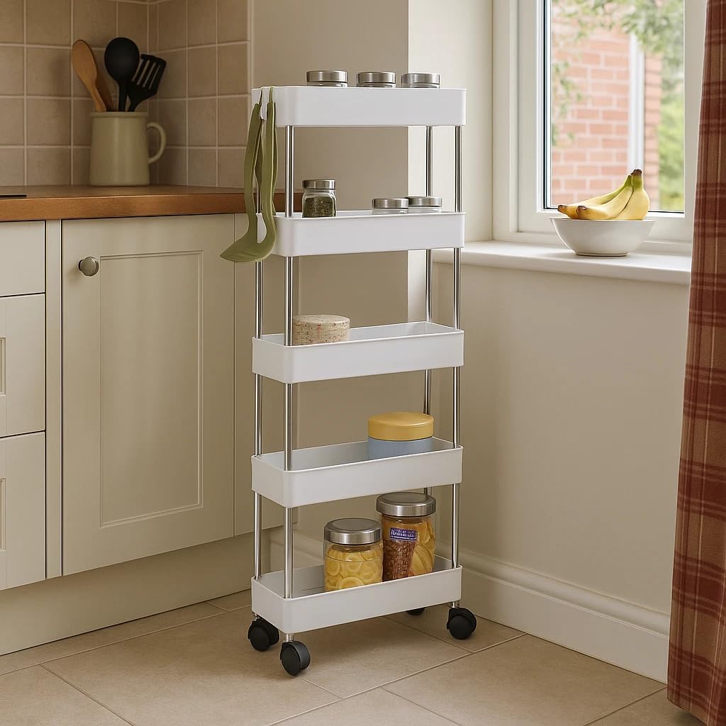 5 Tier Kitchen Storage Trolley on Wheels Tall Plastic Pantry Organiser Bathroom 40x12.5x110 cm