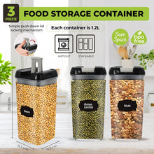 Load image into Gallery viewer, Top 3 Airtight Food Storage Containers – Pack Of 3 x 1.2L Plastic Storage Jars With 1 Marker, 10 Pantry Labels and 6 Measuring Spoons – For Flour, Cereals, Grains, Sugar, Nuts (Pack of 3 x1.2L)
