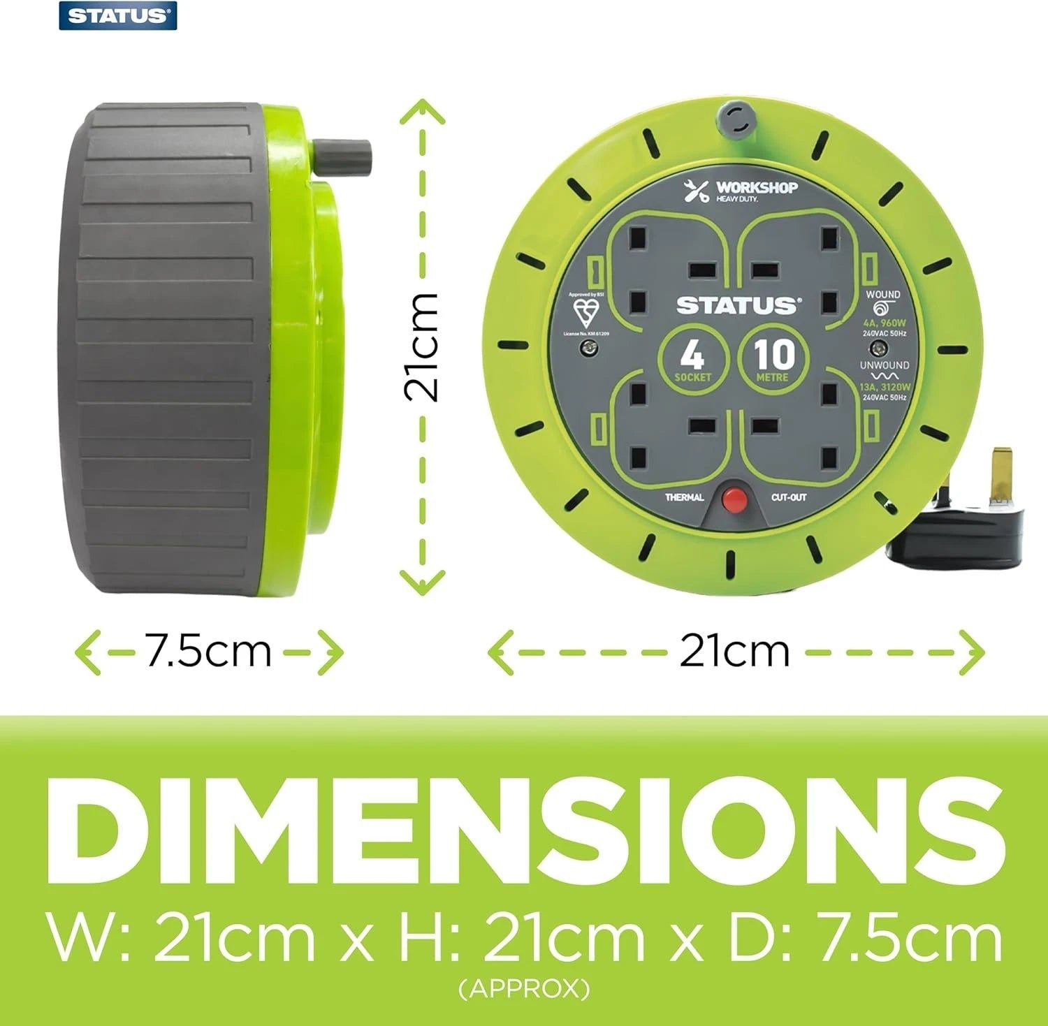 10m Extension Lead Reel – 4 Socket 13A Heavy Duty Cable Reel with Thermal Cut-Out Protection