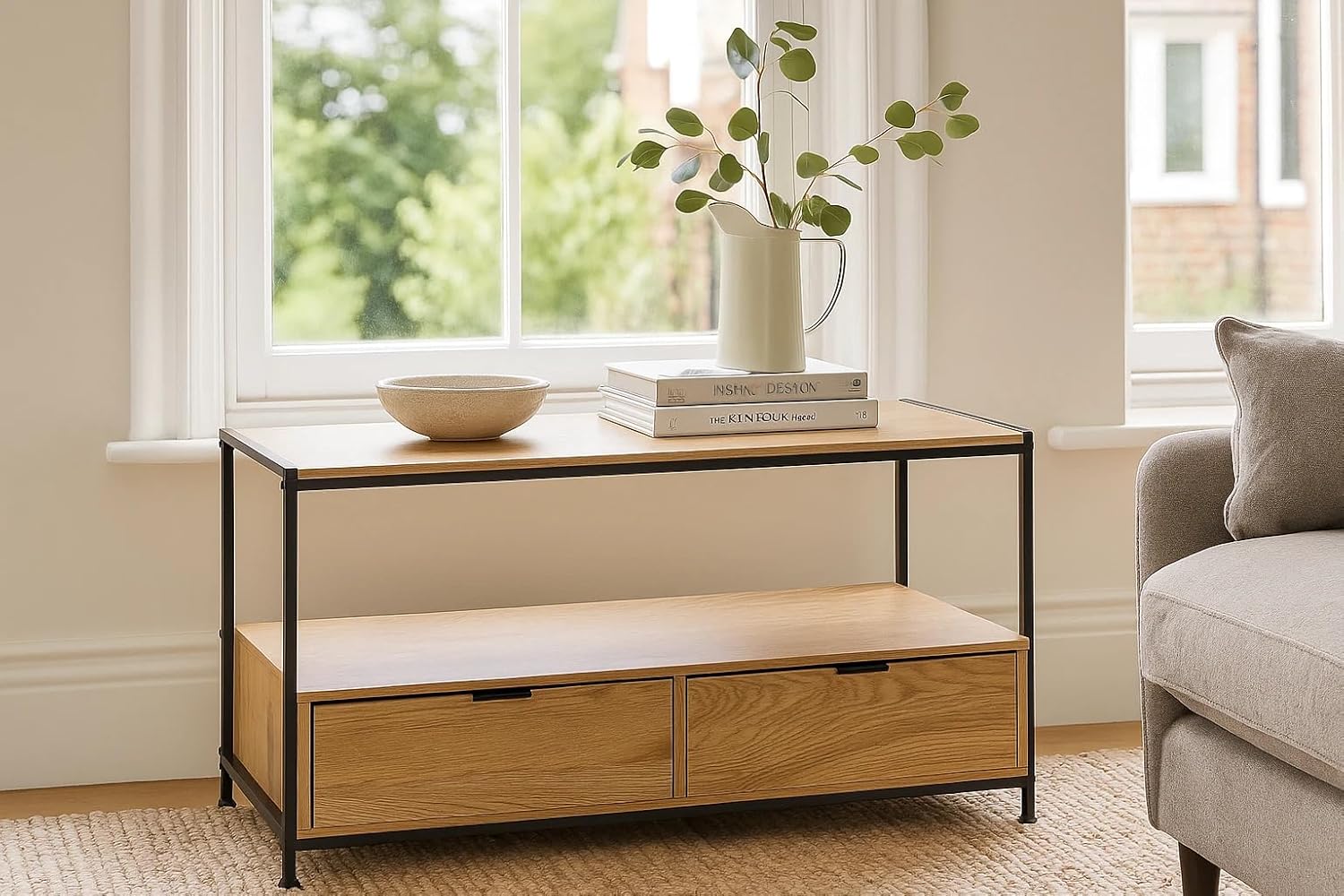 Coffee Table with Drawer Storage Industrial Style 2-Tier Living Room Furniture 100×40×54 cm