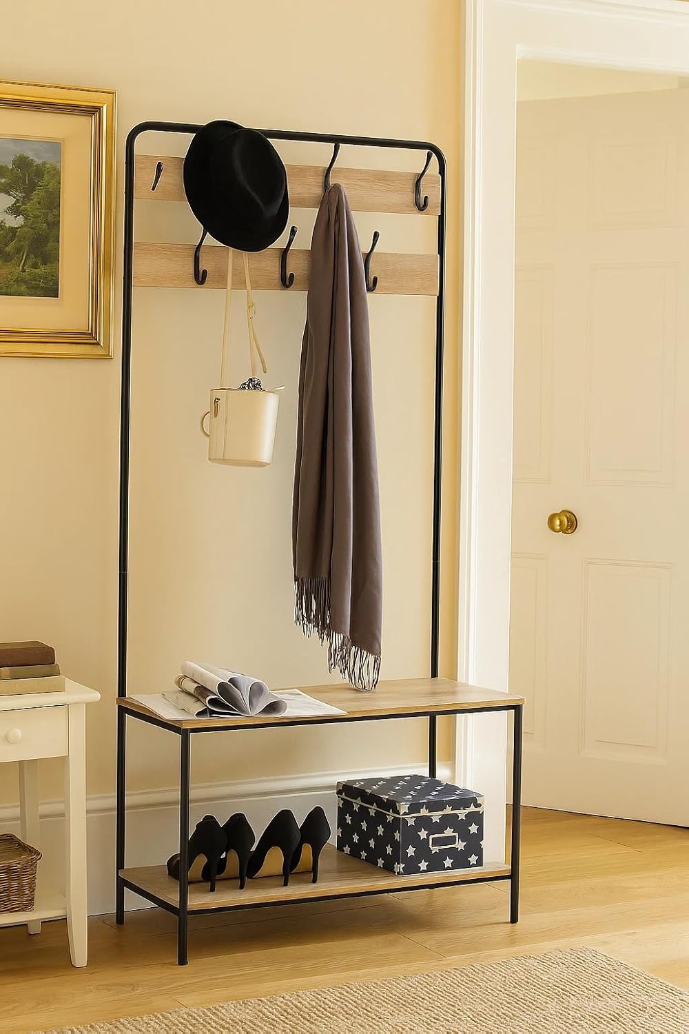 Clothes Hat Coat Rack with Shoe Storage Bench 7 Hooks Hanging Hallway Bedroom 80x30x170 cm