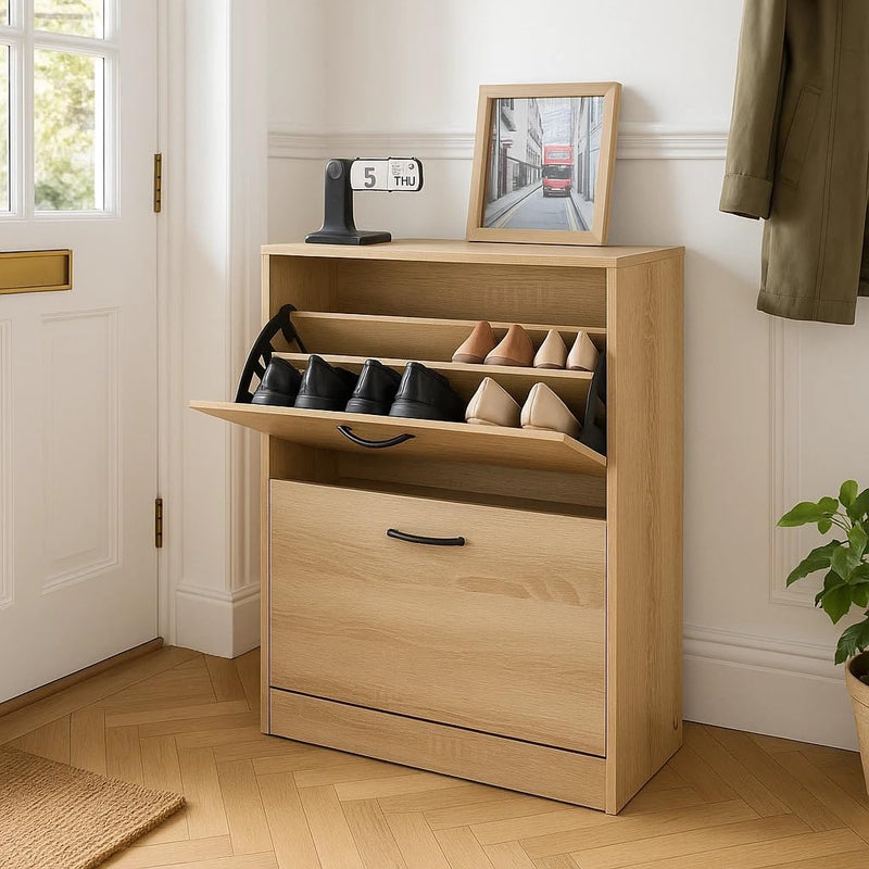 2 Drawer Shoe Cabinet Cupboard Storage Organiser Shoes Footwear Rack Hallway 60x24x81 cm