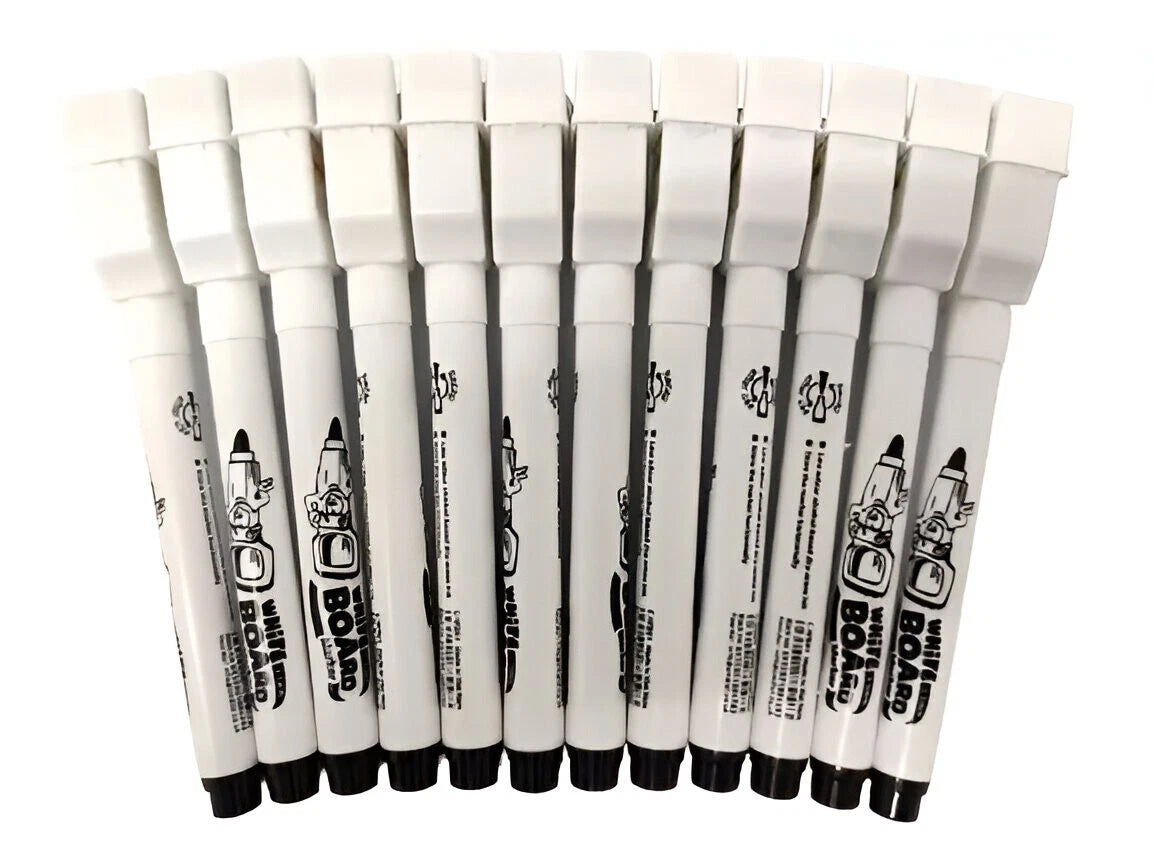 Pack of 12 Whiteboard Markers Black | Dry Erase Non-Toxic Easy Wipe Pens for Office, School & Home
