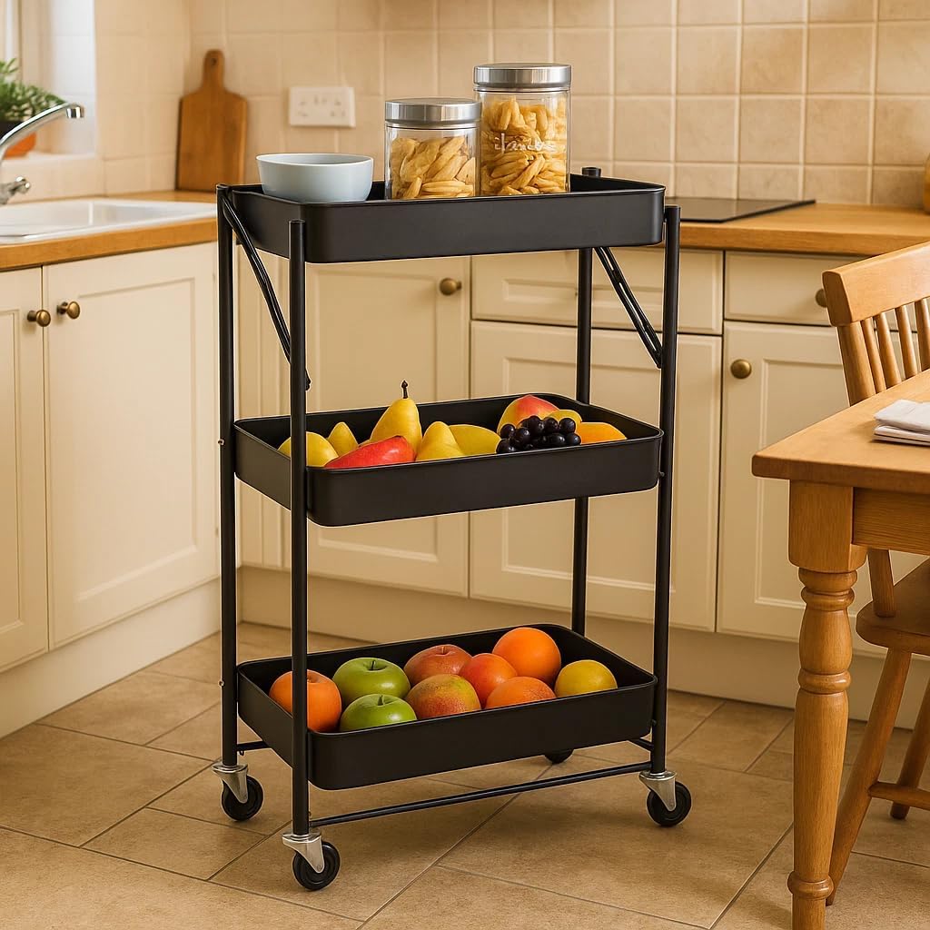 Storage Cart 3 Tier Metal Kitchen Trolley with Wheels Rolling Utility Bathroom 46x29x79 cm