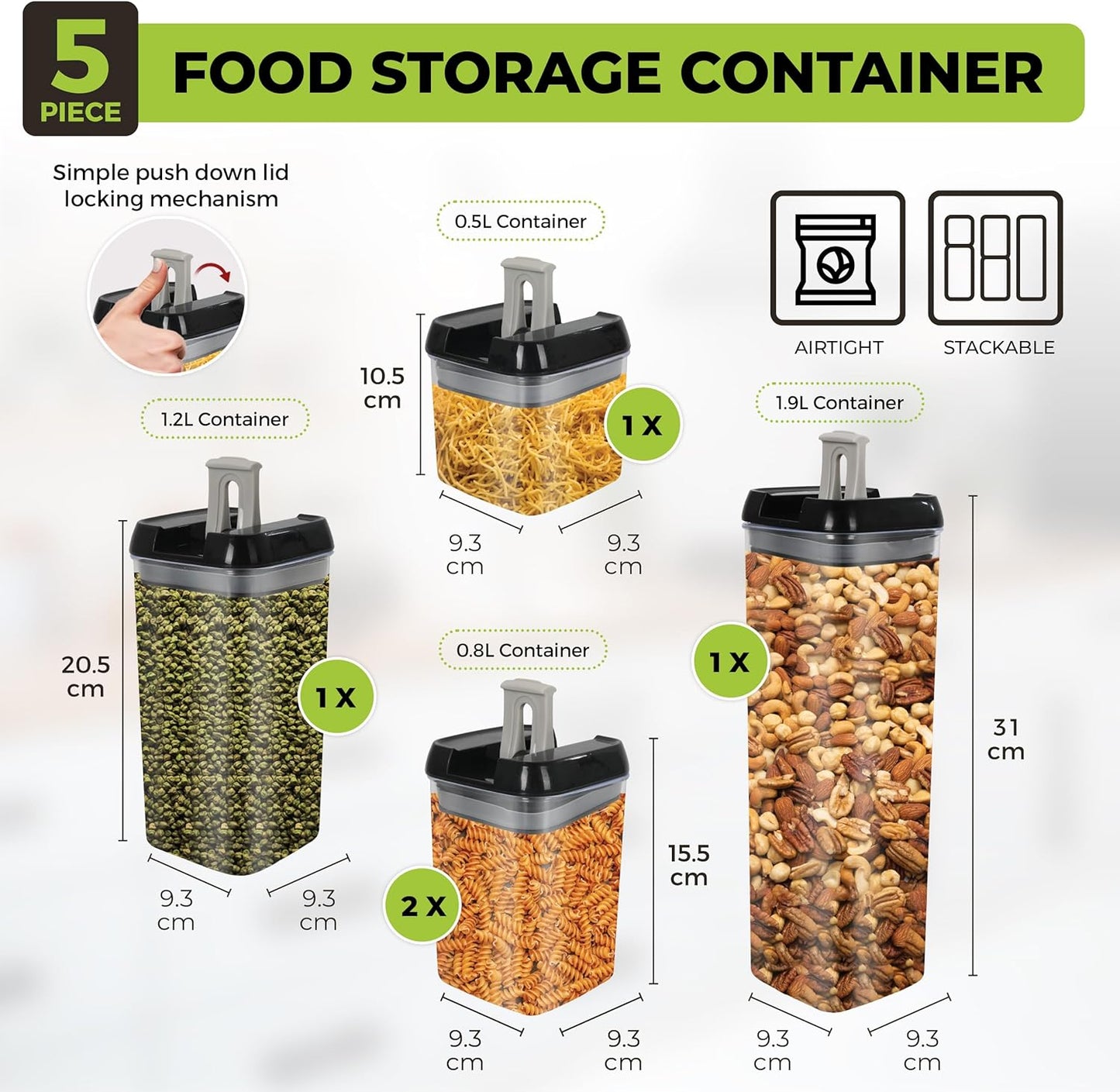 Top 3 Airtight Food Storage Containers – Pack Of 5 Plastic Multi-Size Storage Jars With 1 Marker, 10 Labels and 6 Measuring Spoons, For Flour, Cereals, Grains, Sugar, Pasta etc (Pack of 5)