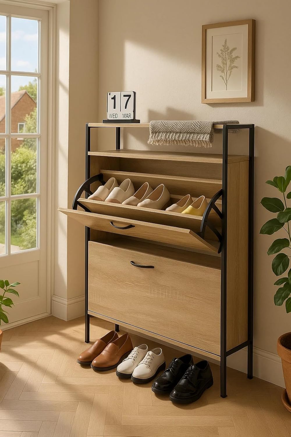 2 Drawer Shoe Cabinet Shoe Rack Storage Organiser Hallway Furniture Unit 63x24x105 cm