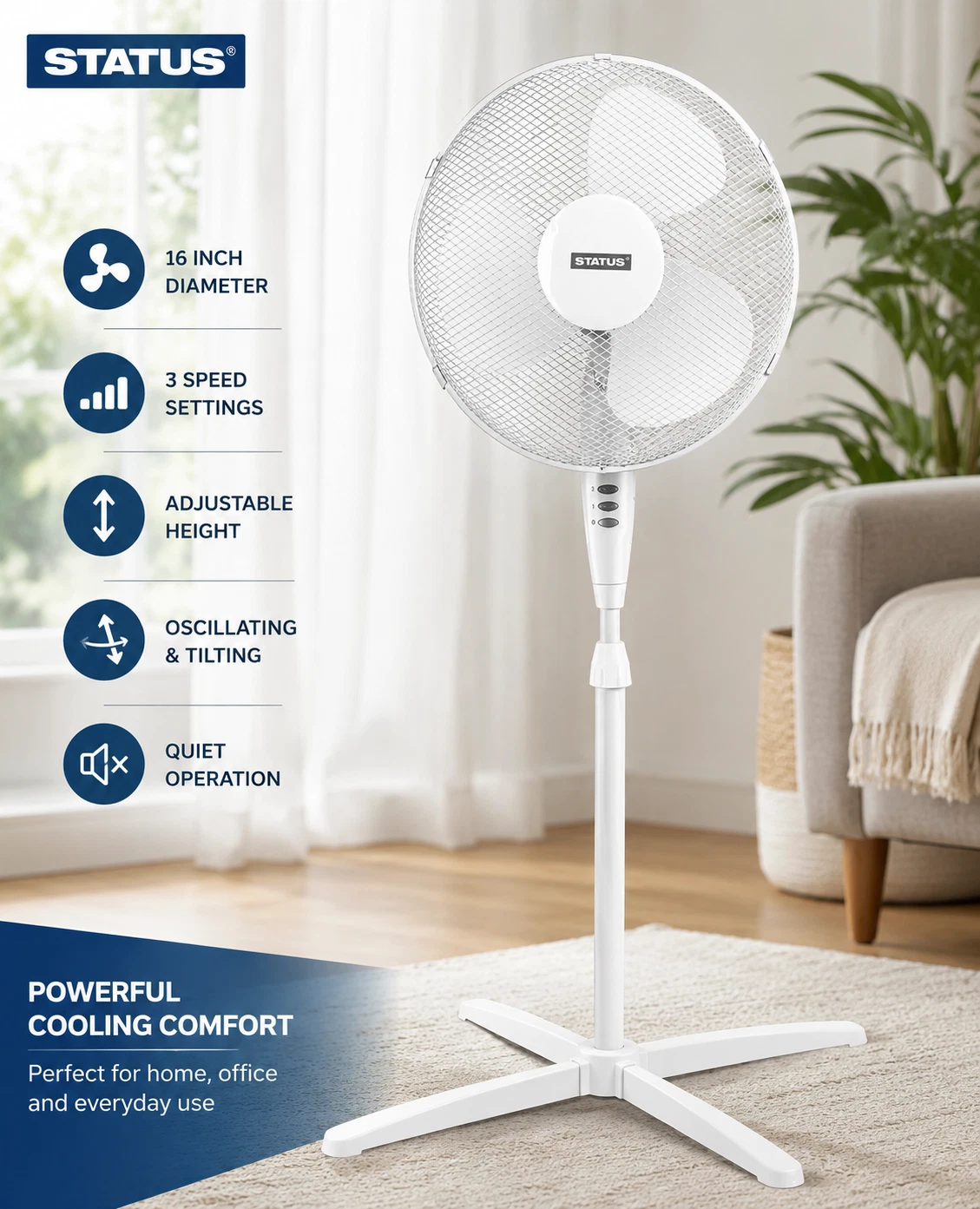 16 Inch Pedestal Fan 3 Speed Oscillating Adjustable Height Cooling Fan White UK