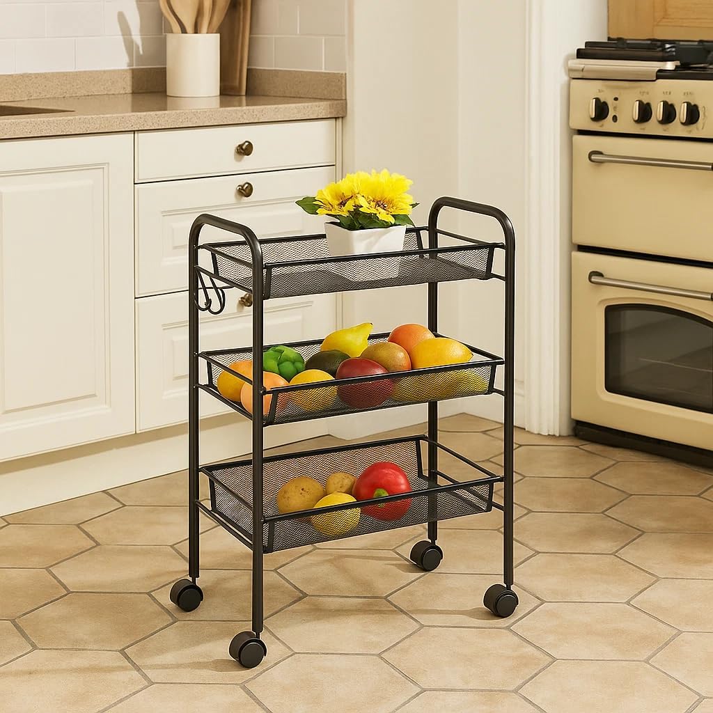 3 Tier Storage Cart Metal Kitchen Trolley on Wheels Organiser Utility Rack 44x26x62 cm