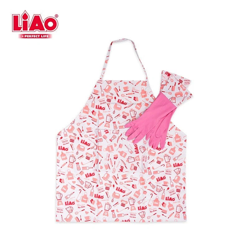 Women Kitchen Apron and Gloves Set Cleaning Cooking Waterproof Greaseproof