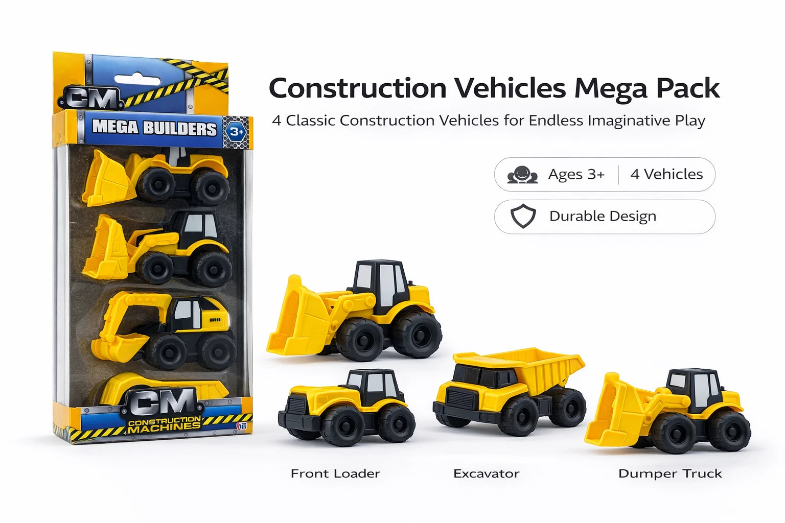 Set of 4 Construction Vehicles Toys | Excavator, Truck & Car Toy Set for Kids Boys 3+