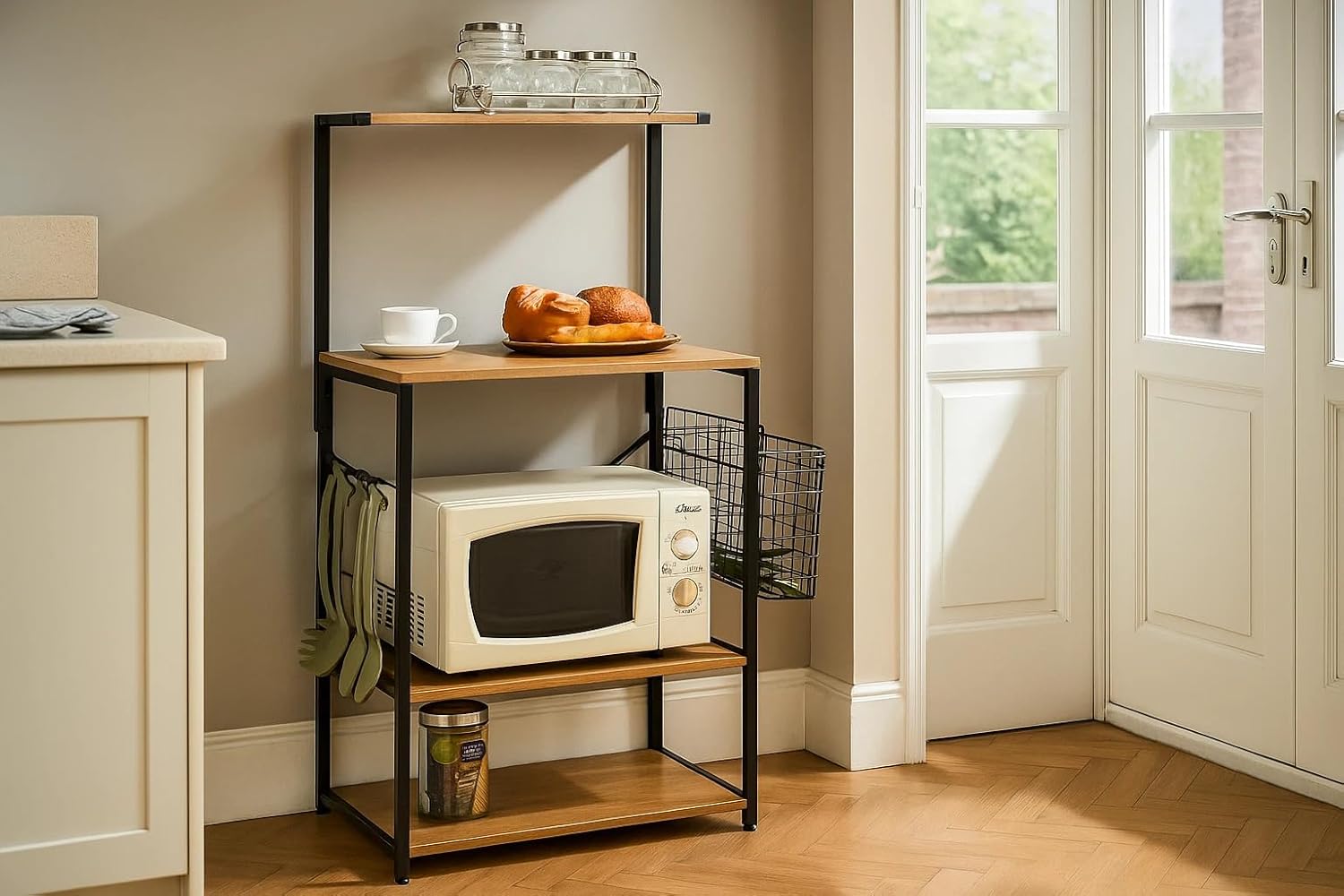 4 Tier Microwave Oven Stand Shelf Rack With Hooks Kitchen Cutlery Storage 75.5x40x123 cm