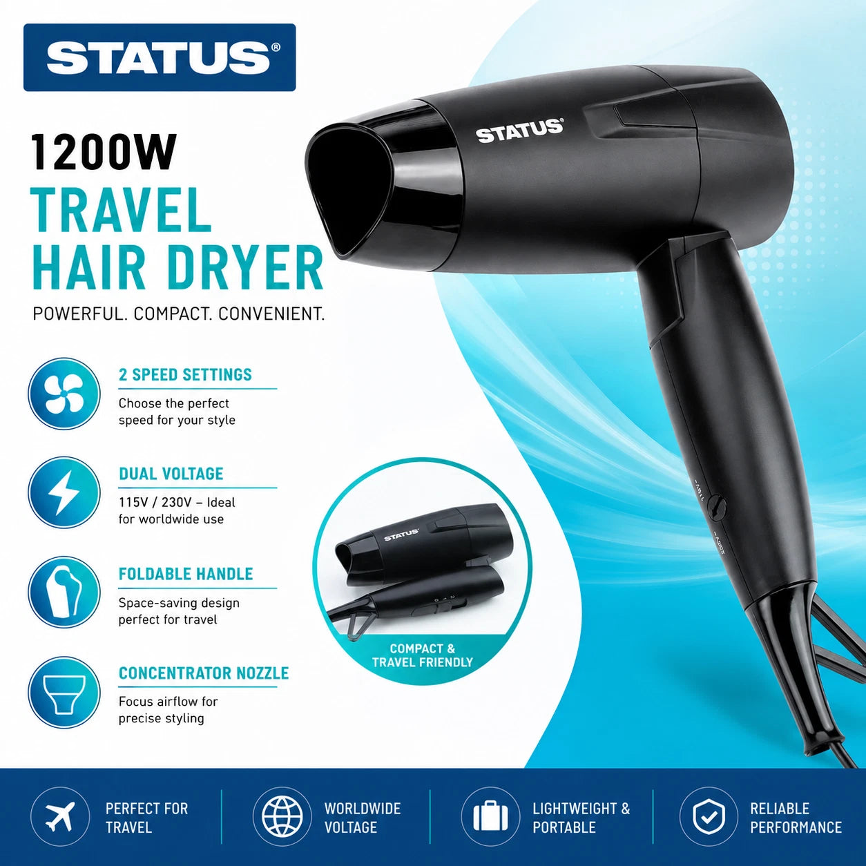 Travel Hair Dryer Foldable 1200W – Dual Voltage Portable Blow Dryer with 2 Speeds for Home & Travel Use