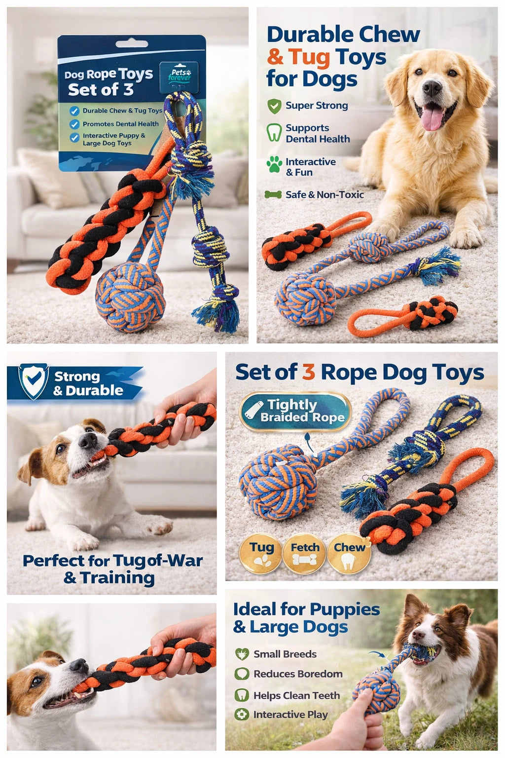3 Pack Dog Rope Toys – Durable Tug Toys for Medium & Large Dogs, Aggressive Chewers & Puppy Teething
