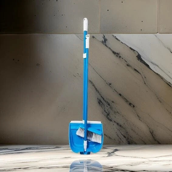 Long Handled Dustpan and Brush Set Broom Floor Sweeper Cleaning Blue Foldable