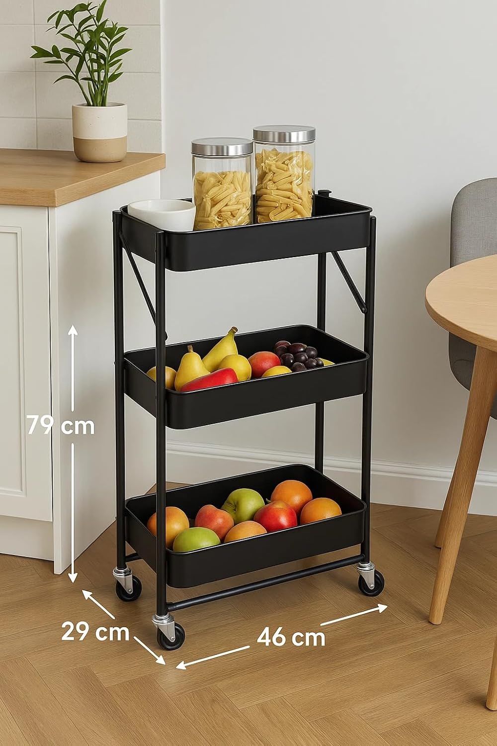Storage Cart 3 Tier Metal Kitchen Trolley with Wheels Rolling Utility Bathroom 46x29x79 cm