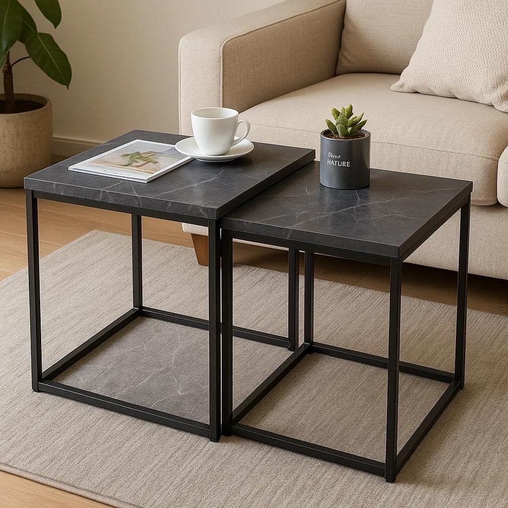 Set of 2 Nesting Coffee Tables – Modern Square Side Tables for Living Room, Lounge & Home Décor